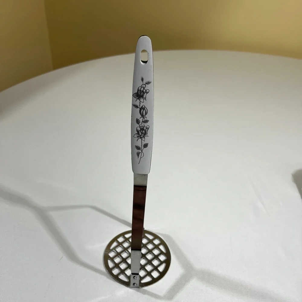 Vtg Japan Stainless Steel Kitchen Utensil Set Black Rose Floral MCM 3pc White